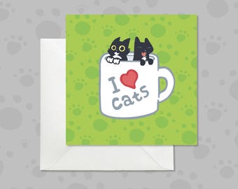 Funny Black Cats Coffee Cup Greeting Card, Cat Lover All Purpose Card