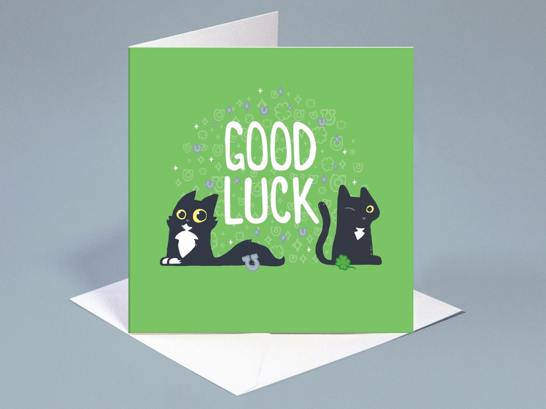 Black Cat Good Luck Card, Green Good Luck Card With Black Cats, Best of Luck Card With Cats
