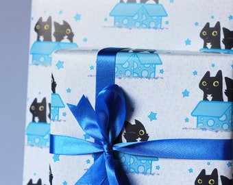 Black Cat Wrapping Paper Set, Cat Lover Gift Wrap, 4 Sheets