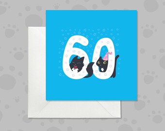 60th Birthday Card for Cat Lover, Funny Cat Birthday Card, Blue Design