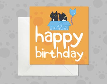 Black Cats Birthday Card, Orange Design, Illustrated