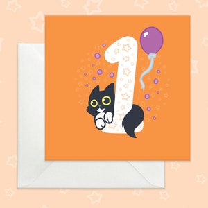 Carte de 1er anniversaire avec un chat duveteux, Jolie carte de premier anniversaire avec un chat noir et blanc, Carte de 1er anniversaire orange vif pour enfants, Carte de chat noir