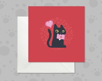 Black Cat Valentine Card, Black Cat Illustration, Red Heart Envelope (140mm x 140mm)