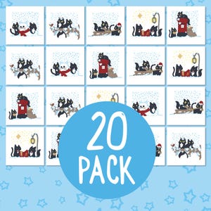 20 biglietti di Natale con gatti neri, confezione da venti graziosi biglietti di Natale, set di dolci biglietti di auguri con gatti neri, set di 20 biglietti invernali innevati e festivi