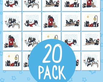 Black Cat Christmas Card Set, Winter Snowy Scenes, Pack of 20