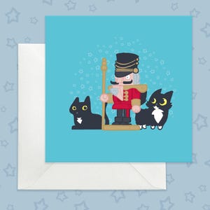 Carte de Noël chats doux et casse-noisette, carte de vacances drôle avec casse-noisette, carte de fête chat noir pour amoureux des chats, Noël coloré mignon