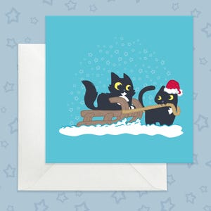 Carte de Noël drôle de chats en traineau, carte de vacances amusante avec des chats noirs en traineau, carte de vacances mignonne chat noir et chat smoking, vacances pour amoureux des chats