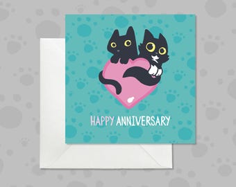 Anniversary Card for Cat Lovers, Cute Black Cats, Turquoise Colour, Loveheart