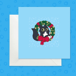 Carte de mariage chat et couronne de Noël, douce carte de voeux chat noir, carte de Noël chat mignon, couronne de l'Avent et carte de vacances chat, carte drôle