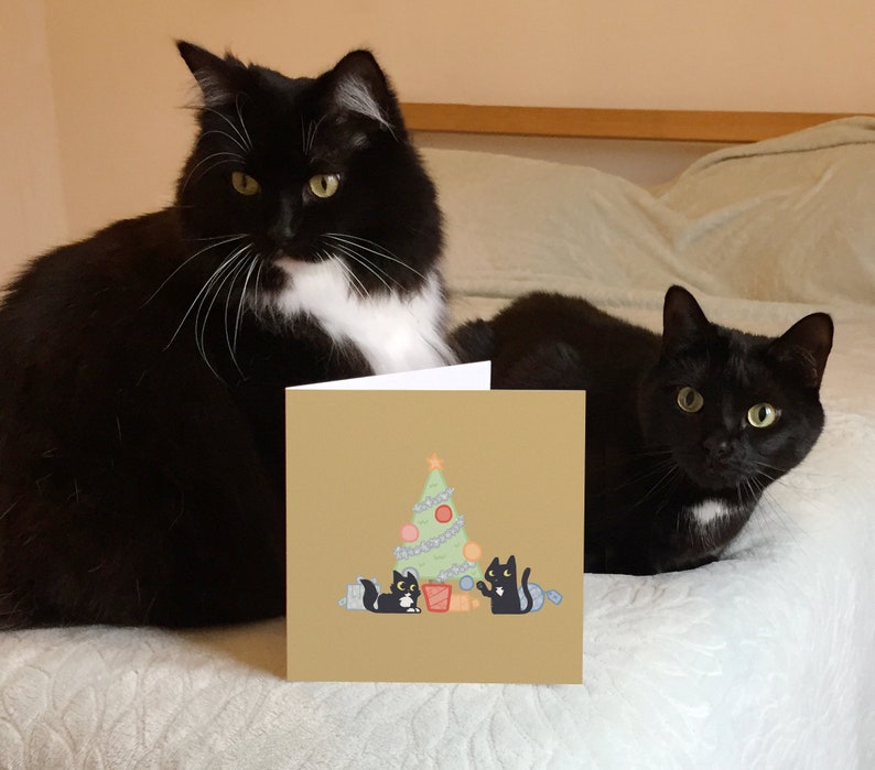 May include: A Christmas card featuring two black cats with white markings. The card has a brown background with a green Christmas tree and presents.