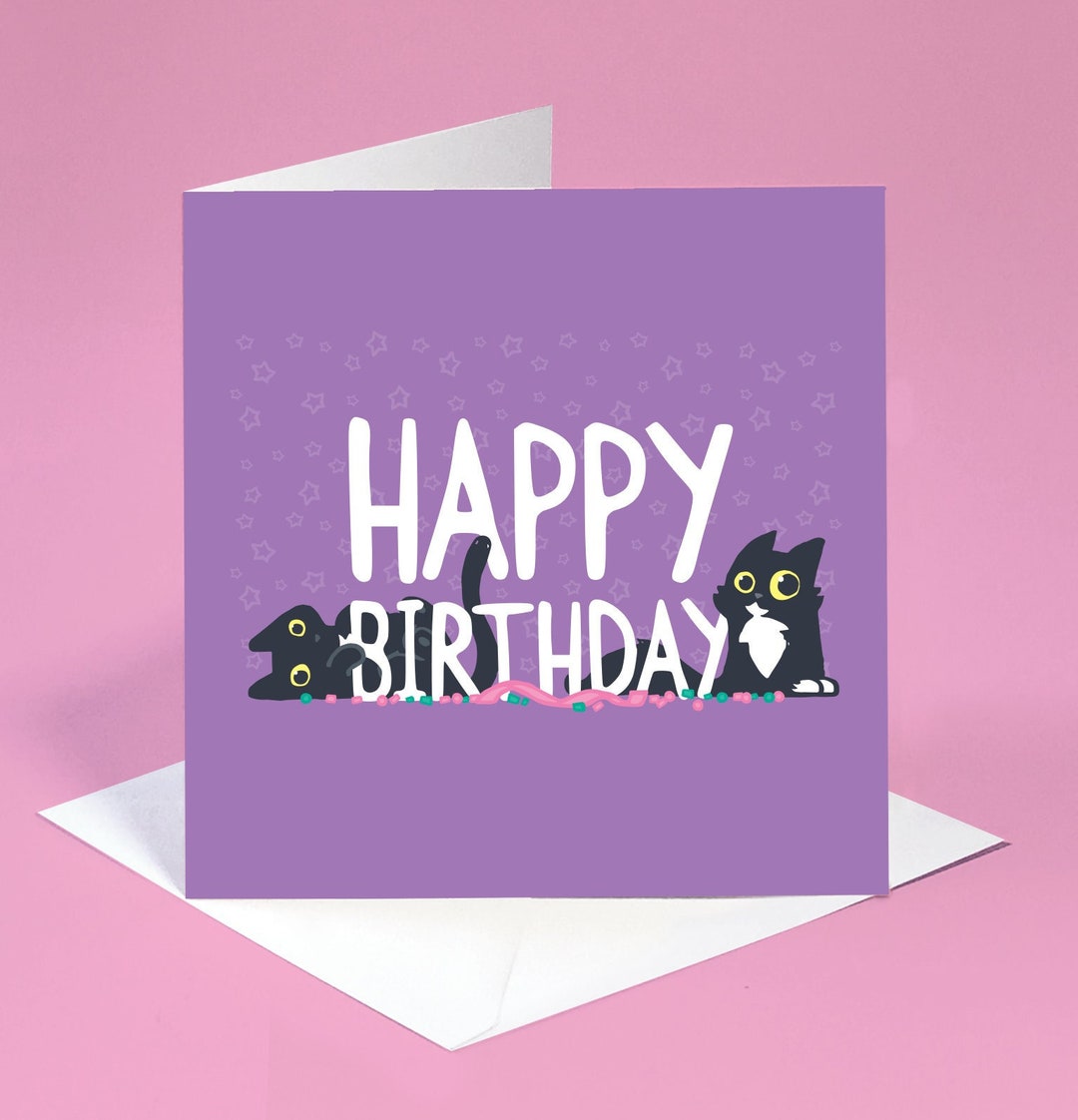 Happy Birthday Card With Cats Cute Black Cats Birthday Card Etsy UK