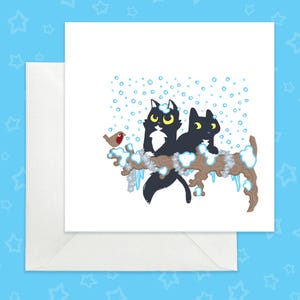 Carte de Noël chats noirs et rouge-gorge, jolie carte de vœux chat noir, carte de Noël chat avec branche enneigée, carte de Noël drôle avec chats noirs