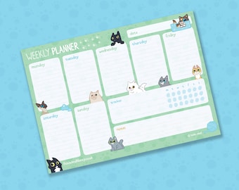 Cute cat themed weekly planner, Colourful illustrated weekly planner pad with cat designs, Printed weekly desk planner, Green weekly planner