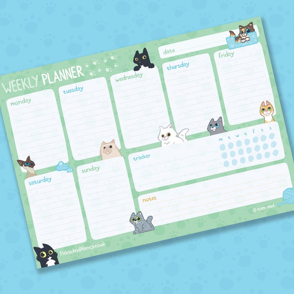 Cute cat themed weekly planner, Colourful illustrated weekly planner pad with cat designs, Printed weekly desk planner, Green weekly planner