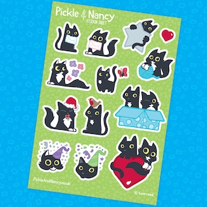 Black cat sticker sheet, 13 stickers of black cats, Decorative black cat crafting stickers, A6 black cat sticker sheet, Cute cat stickers