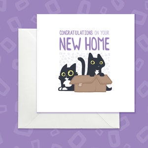 Nouvelle carte de chat domestique, Carte de pendaison de crémaillère avec des chats, Carte de voeux d'emménagement, Jolie carte de nouvelle maison avec un chat noir, Félicitations pour votre nouvelle maison