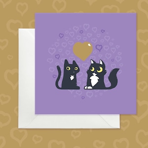 Carte d'anniversaire avec des chats noirs, carte d'anniversaire violette sur le thème des chats, carte de voeux d'anniversaire de chats noirs, carte d'anniversaire dorée