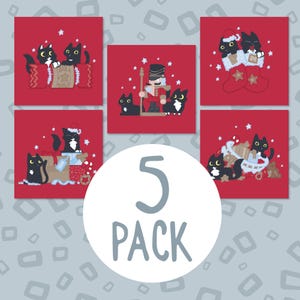 5 cartes de Noël chat noir, lot de cartes de Noël festives rouges avec des chats, cinq jolies cartes de vœux chat noir, lot de cartes de Noël chat