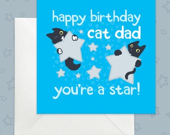 Black Cat Birthday Card for Cat Dad, Silver Stars, Blue Design