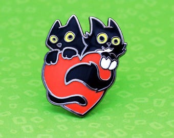 Black Cats & Heart Lapel Pin, Cat Lover Gift, Hard Enamel Pin