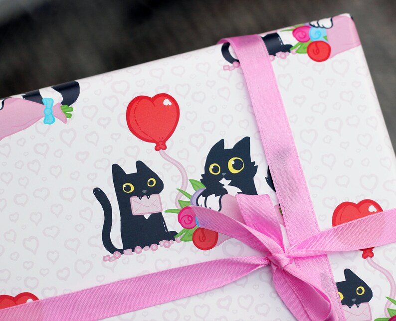 Cat and Hearts Wrapping Paper Cute Black Cats Gift Wrap Cat Etsy