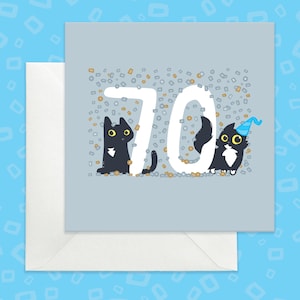 Carte d'anniversaire des 70 ans chat, carte 70 ans argentée pour amoureux des chats, carte anniversaire 70 ans argentée, carte 70 ans, carte 70 ans chats noirs