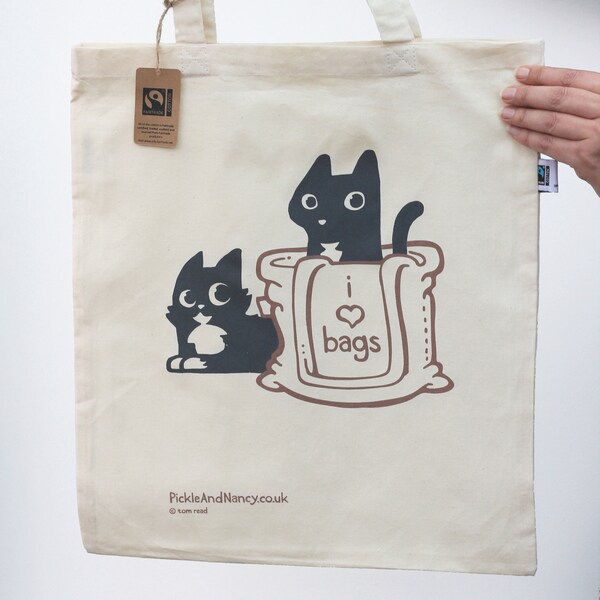 Tote bag with cute black cats, Funny black cat shopping bag, Organic cotton gift for cat lover, Eco fair-trade gift for cat lover