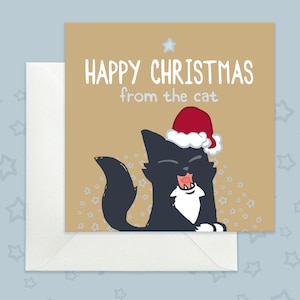 Carte de Noël or du chat, chat riant de smoking chat de vacances, carte de Noël douce et drôle, carte de Noël du chat avec smoking
