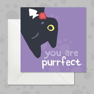 Quirky birthday card with upside down black cat, Funny black cat birthday card for cat lover,  Gorgeous purple birthday card with cat pun
