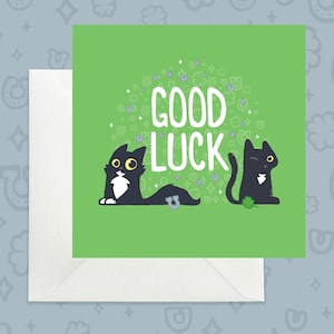 Black cat Good Luck card, Green good luck card with black cats, Best of luck card with cats, Good luck to you card, Lucky black cats