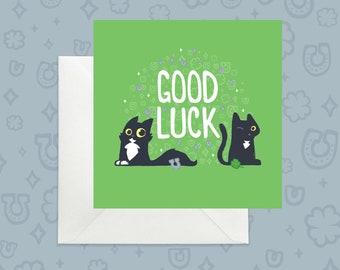 Black Cat Good Luck Card, Clover Green