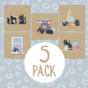 5 jolies cartes de Noël chat noir, cinq cartes de vœux sur le thème des chats dorés, paquet de cartes de Noël chat, lot de 5 cartes chat originales pour les amoureux des chats