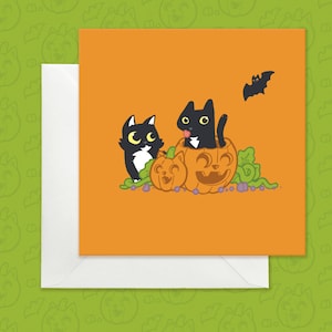 Black cat Halloween card, Bright orange Halloween card, Black cats and pumpkin card, Cute bright Halloween card, fun Halloween card for kids