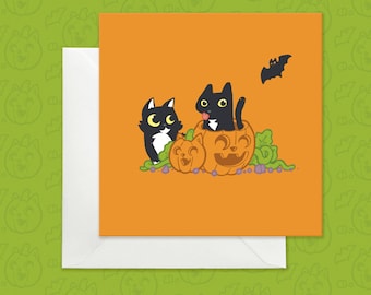 Black cat Halloween card, Bright orange Halloween card, Black cats and pumpkin card, Cute bright Halloween card, fun Halloween card for kids