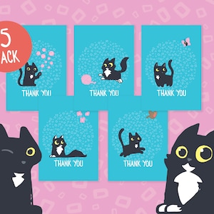 Biglietti di ringraziamento a forma di gatto, set di 5 biglietti di ringraziamento a forma di gatto, simpatici biglietti a forma di gatto nero, biglietti di auguri blu brillante, biglietti di ringraziamento per amici e familiari