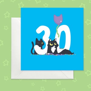 Carte du 30e anniversaire bleu vif pour lui, carte du 30e anniversaire avec des chats noirs, carte du 30e anniversaire des chats noirs pour petit ami, 30e carte pour lui