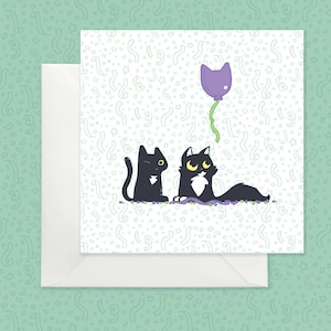 Cute cat greeting card, Black cats birthday card, Cats and balloon card, Cat lover birthday card, Card with black and white tuxedo cat