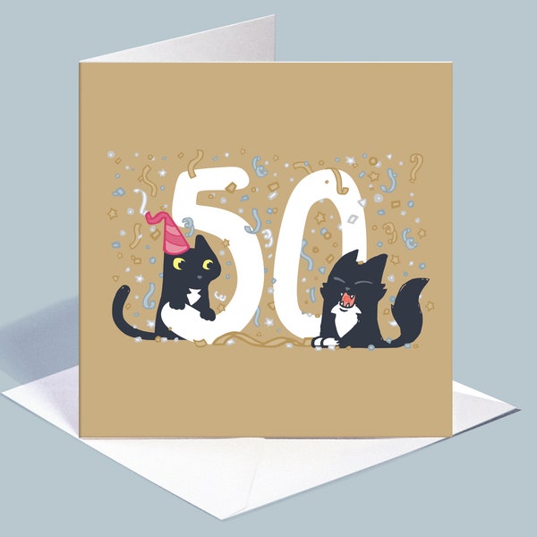 50er Katzen Geburtstagskarte, Gold Katzen Geburtstagskarte für 50er Jahre, süße Katzen Geburtstagskarte für 50er Jahre, schwarze Katzen Karte für 50 jährige,