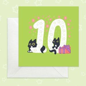Jolie carte d'anniversaire pour enfant de dix ans, carte d'anniversaire pour enfant avec des chats noirs, carte 10 ans vert vif, carte chat noir pour enfant de 10 ans