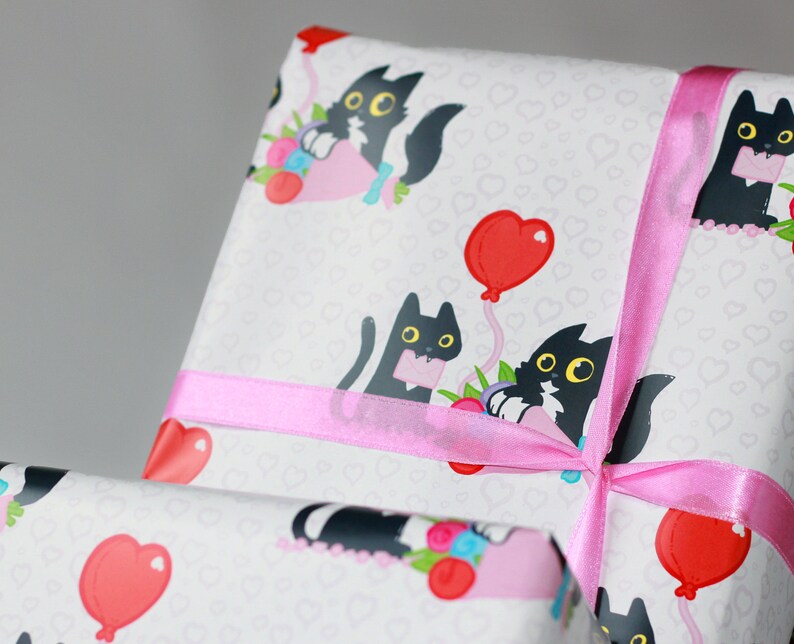 4 sheets of cat wrapping paper black cats and hearts gift Etsy