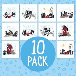 10 Katzen-Weihnachtskarten, Packung mit 10 lustigen schwarzen Katzen-Weihnachtskarten, Niedliche schwarze Katzen-Weihnachtskarten, Set mit schwarzen Katzen und Schneeszenenkarten