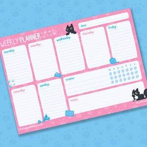 Cute black cat weekly planner, Colourful pink illustrated weekly planner pad with cats, Printed weekly desk planner, Printed weekly diary