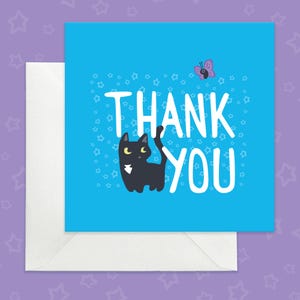 Carte de remerciement chat noir, carte de remerciement bleu vif avec chat, carte de voeux de remerciement aux amis et à la famille, carte pour les amoureux des chats, carte de chat doux
