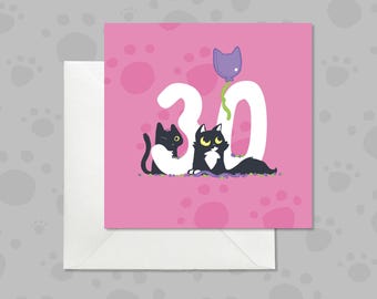 Stylish Black Cats 30th Birthday Card, Hot Pink Cat Lover Greeting, 30 Years