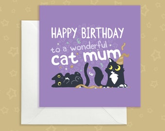 Cat Mum Birthday Card, Purple Confetti Design, Greeting Card