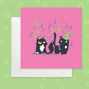 Carte d'anniversaire chats roses vifs et confettis, jolie carte d'anniversaire avec des chats noirs, carte de voeux drôle de chats noirs espiègles