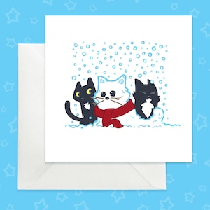 Carte de Noël chats et chat des neiges, carte de Noël chat noir, carte de Noël chats noirs et bonhomme de neige, carte de Noël chats et chat des neiges adorables