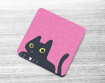 Black Cat Cork Coaster, Bright Pink Confetti Design