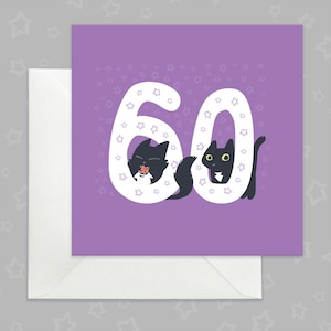 Carte des 60 ans avec des chats noirs, carte d'anniversaire des chats noirs pour les 60 ans, carte des 60 ans violette avec un chat noir et un chat smoking, carte des 60 ans mignonne