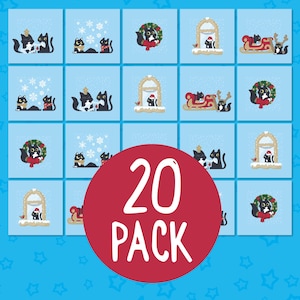 20 cartes de Noël drôles de chat noir, paquet de cartes de vacances bleu glacier, 20 cartes de Noël mignonnes de chat noir, lot de 20 cartes de vacances drôles